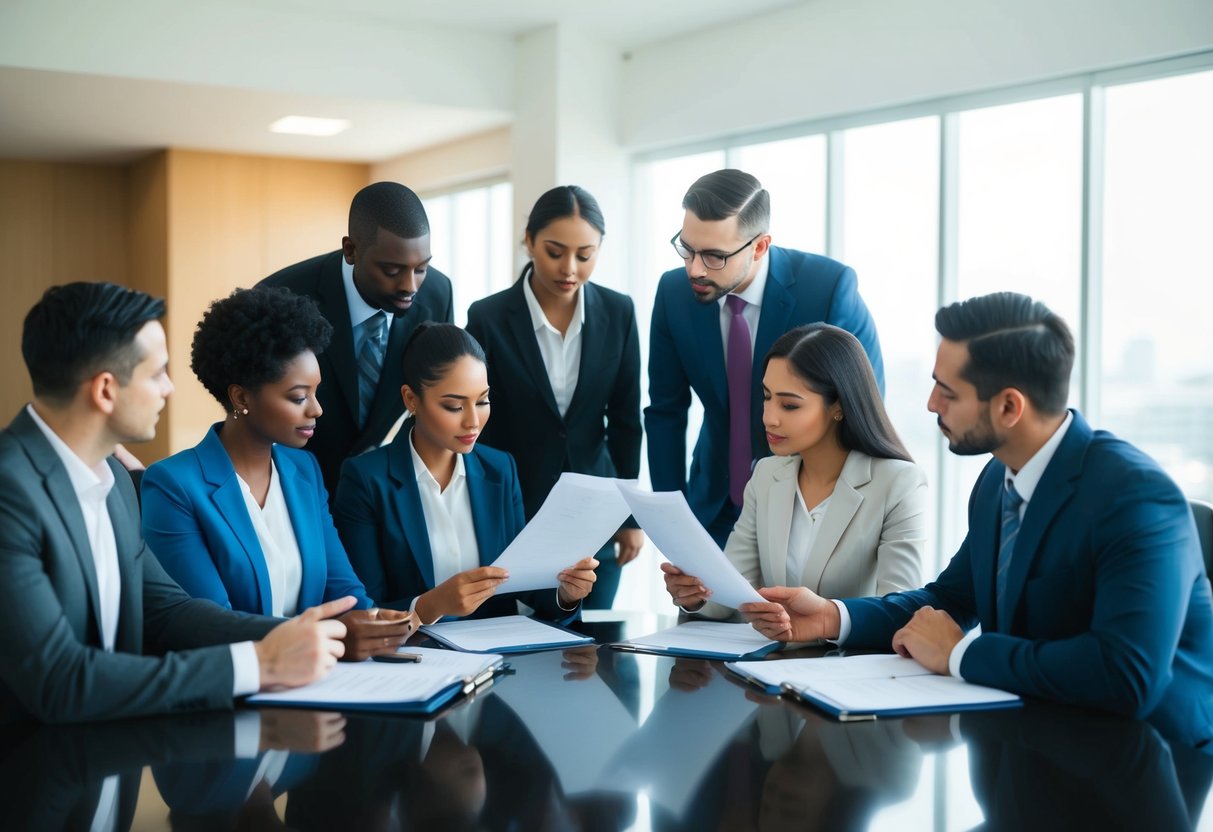 A diverse group of individuals discussing and reviewing documents related to additional features and riders for a term life insurance policy, focusing on beneficiary percentage