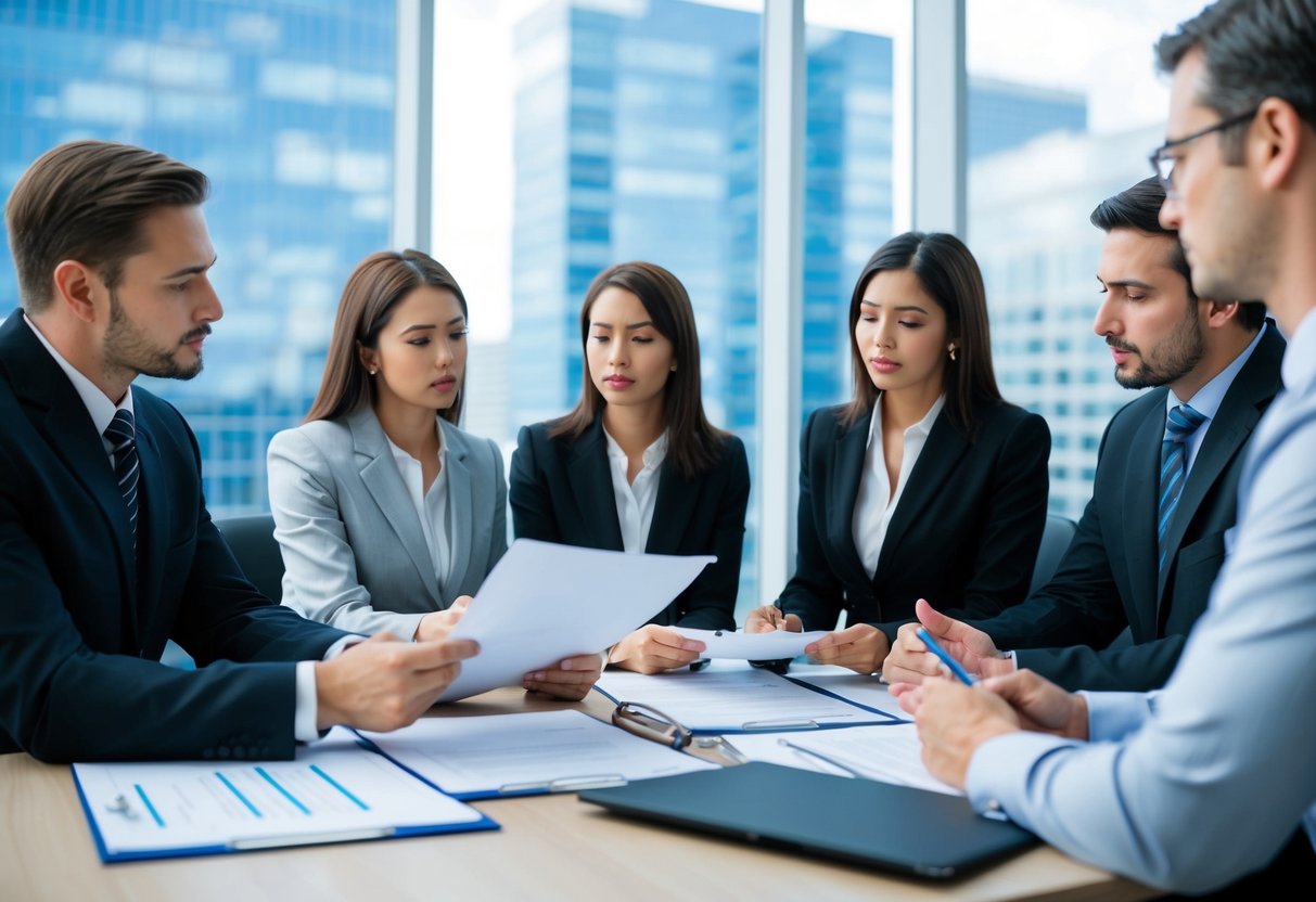 A group of people discussing legal documents and insurance policies in a corporate office setting