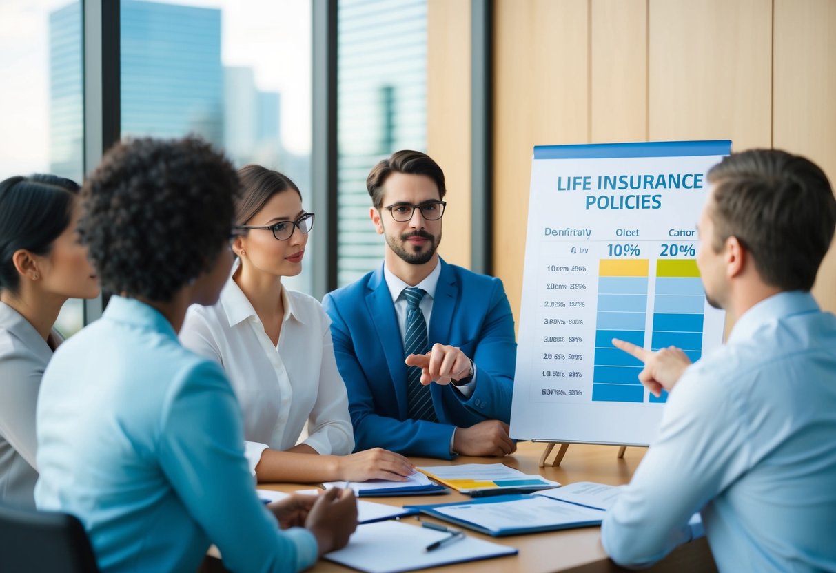 A group of people discussing life insurance policies, with one person pointing to a chart displaying different beneficiary percentage options