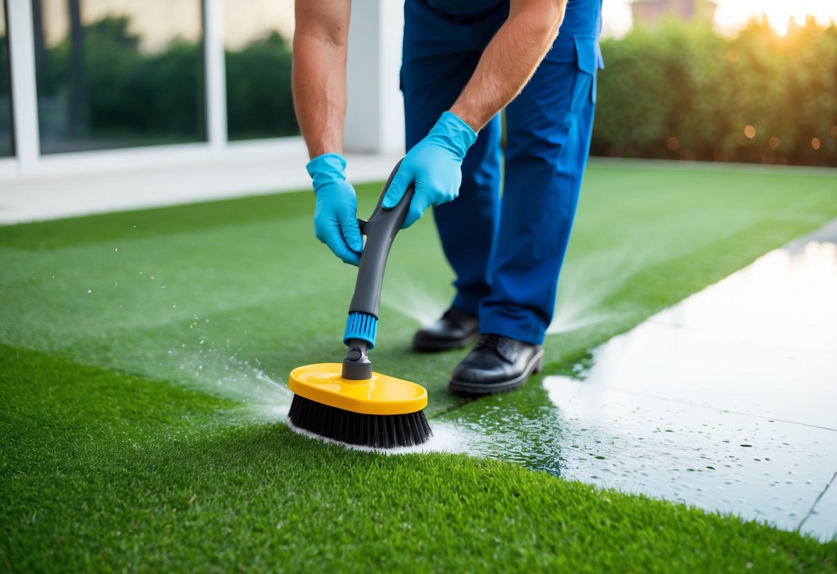 A professional using a specialized brush and cleaning solution to scrub and rinse artificial grass, leaving it sparkling clean and free of debris