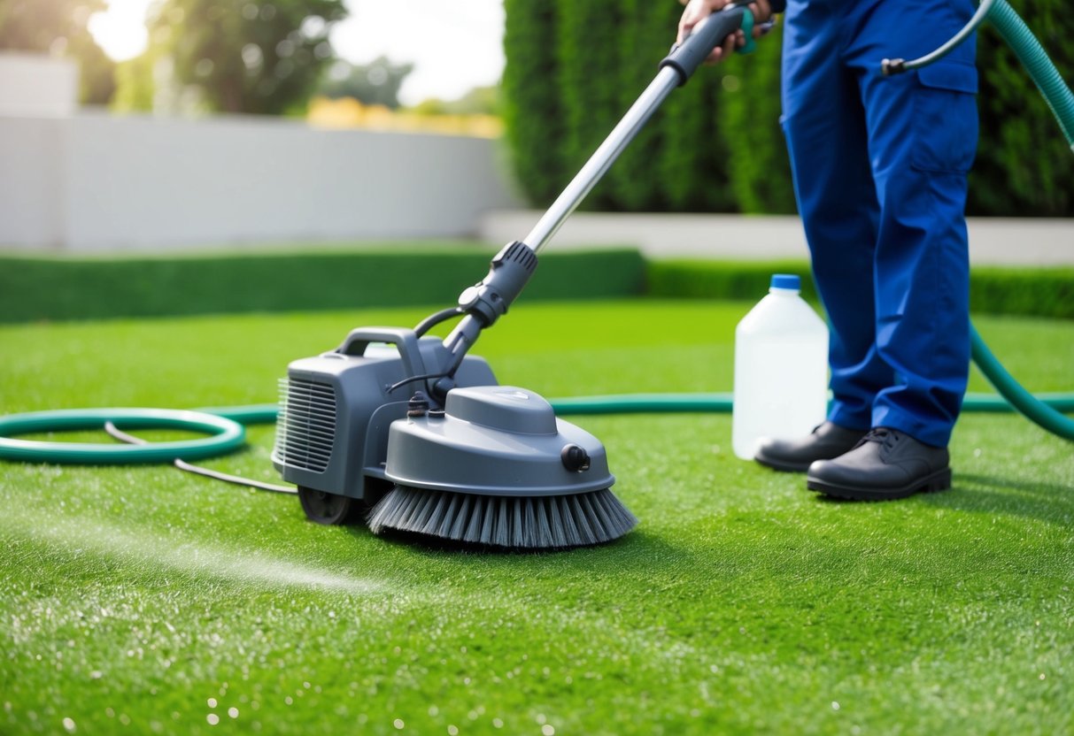 A professional cleaner using a power brush to remove debris from artificial grass. A hose and cleaning solution are nearby