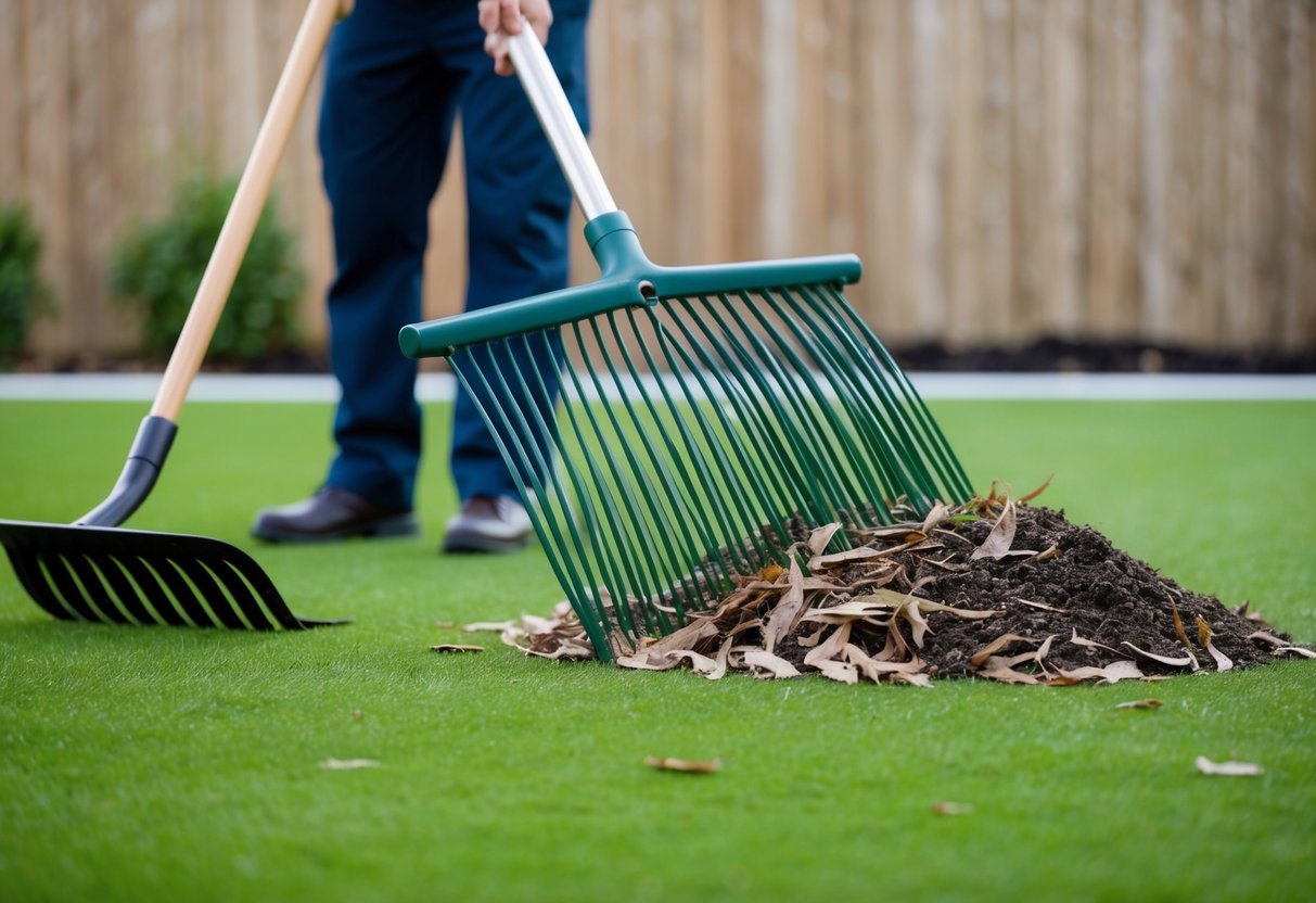 A professional using a specialized rake to remove debris from artificial grass. A small pile of leaves and dirt nearby