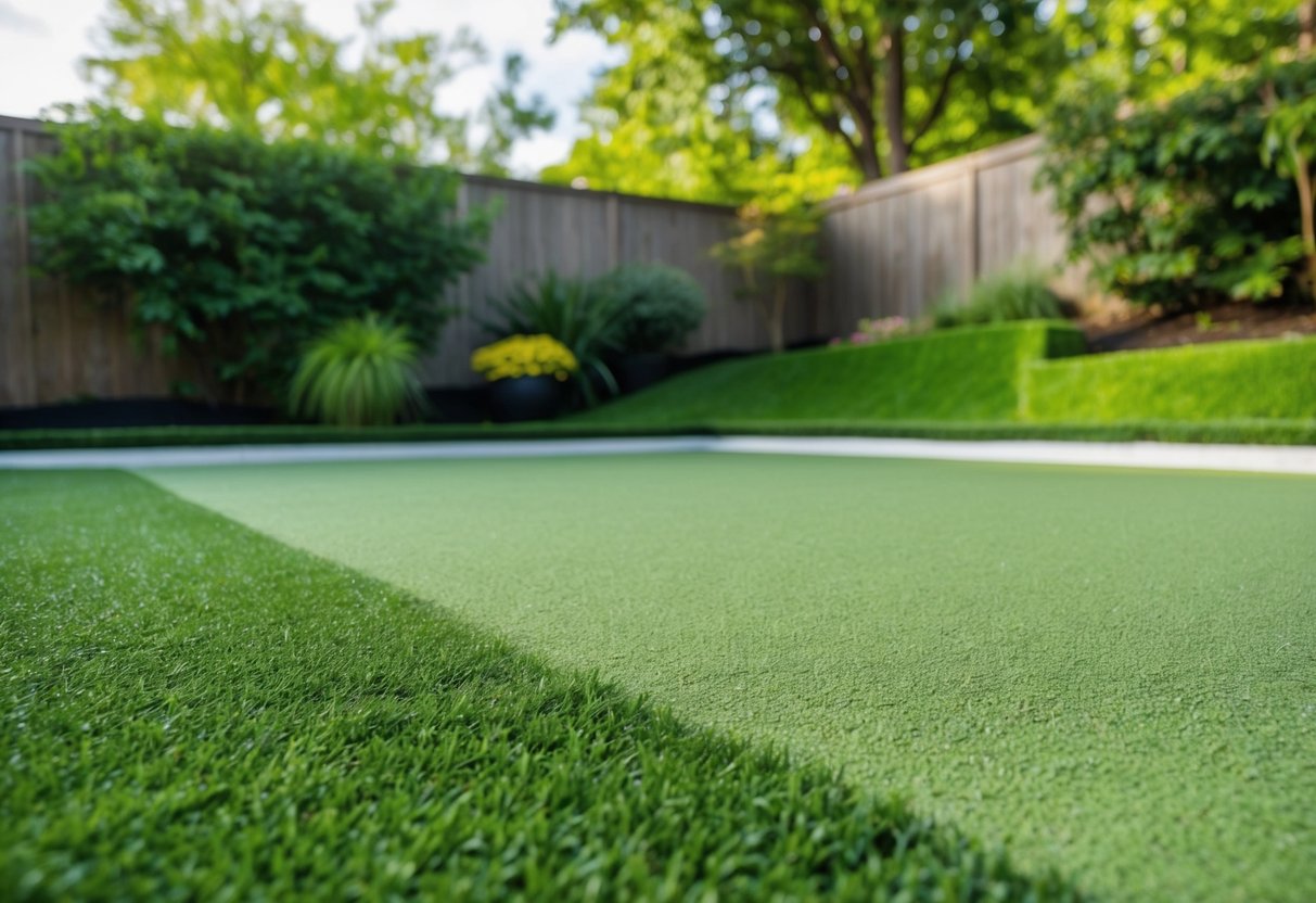 A backyard with artificial turf blending seamlessly into the surrounding natural landscape, with varying shades of green and subtle imperfections