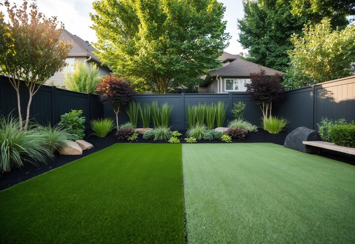 A backyard with artificial turf blending seamlessly with natural surroundings: strategically placed landscaping, varying grass lengths, and realistic coloration