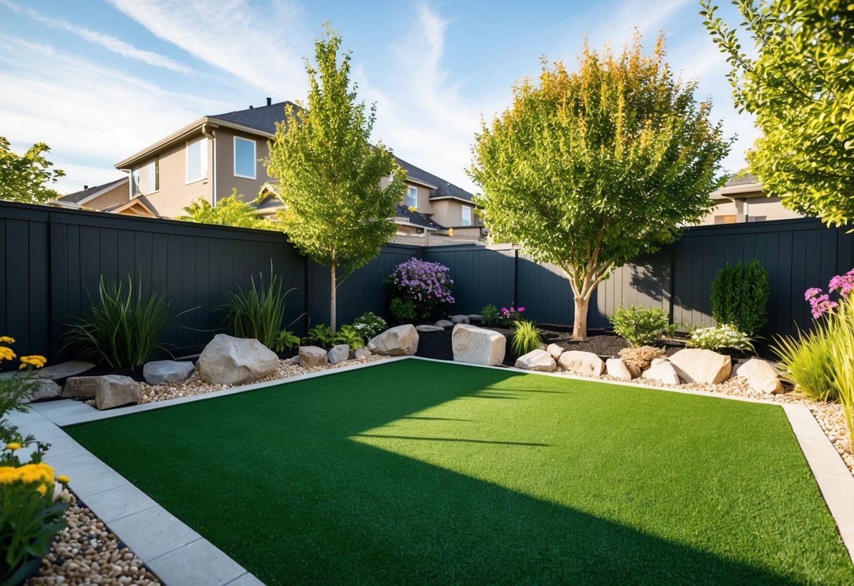 A backyard with artificial turf blending seamlessly with surrounding natural elements like trees, flowers, and rocks