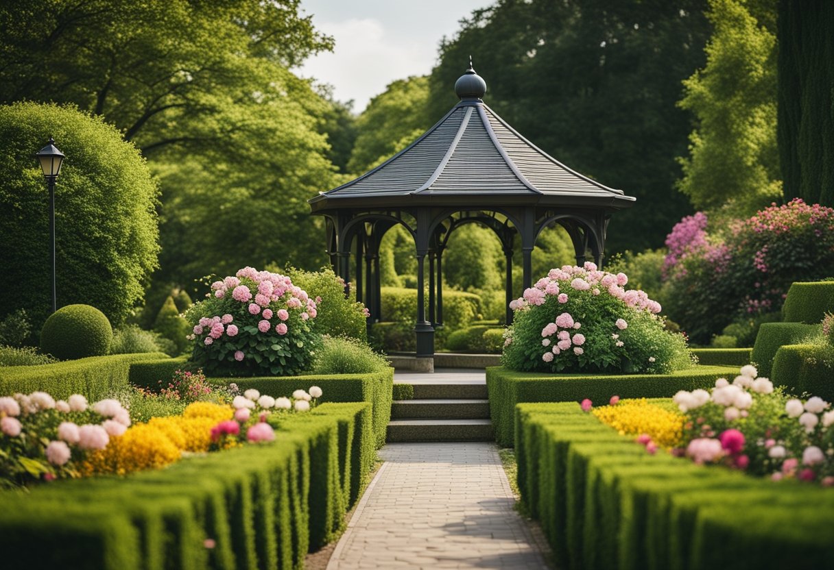 A lush garden with colorful flowers, manicured hedges, winding pathways, and a charming gazebo surrounded by greenery