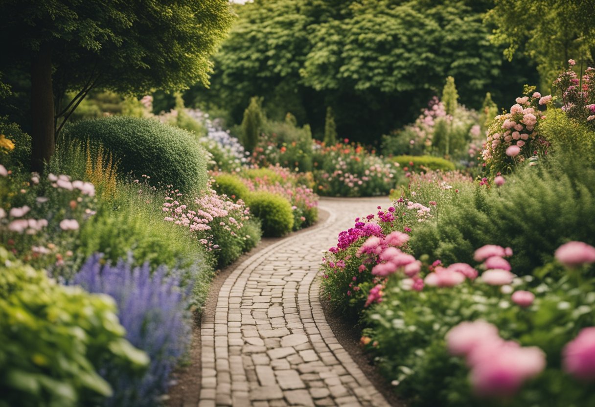 A winding, rosy pathway through a lush English garden, adorned with colorful flowers and surrounded by greenery