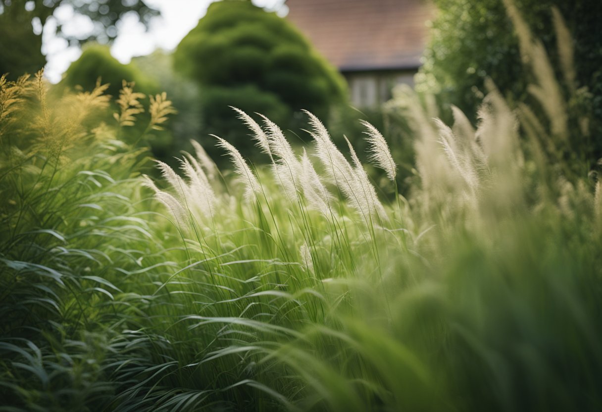 A lush corner of an English garden filled with various ornamental grasses swaying gently in the breeze, creating a natural and serene atmosphere