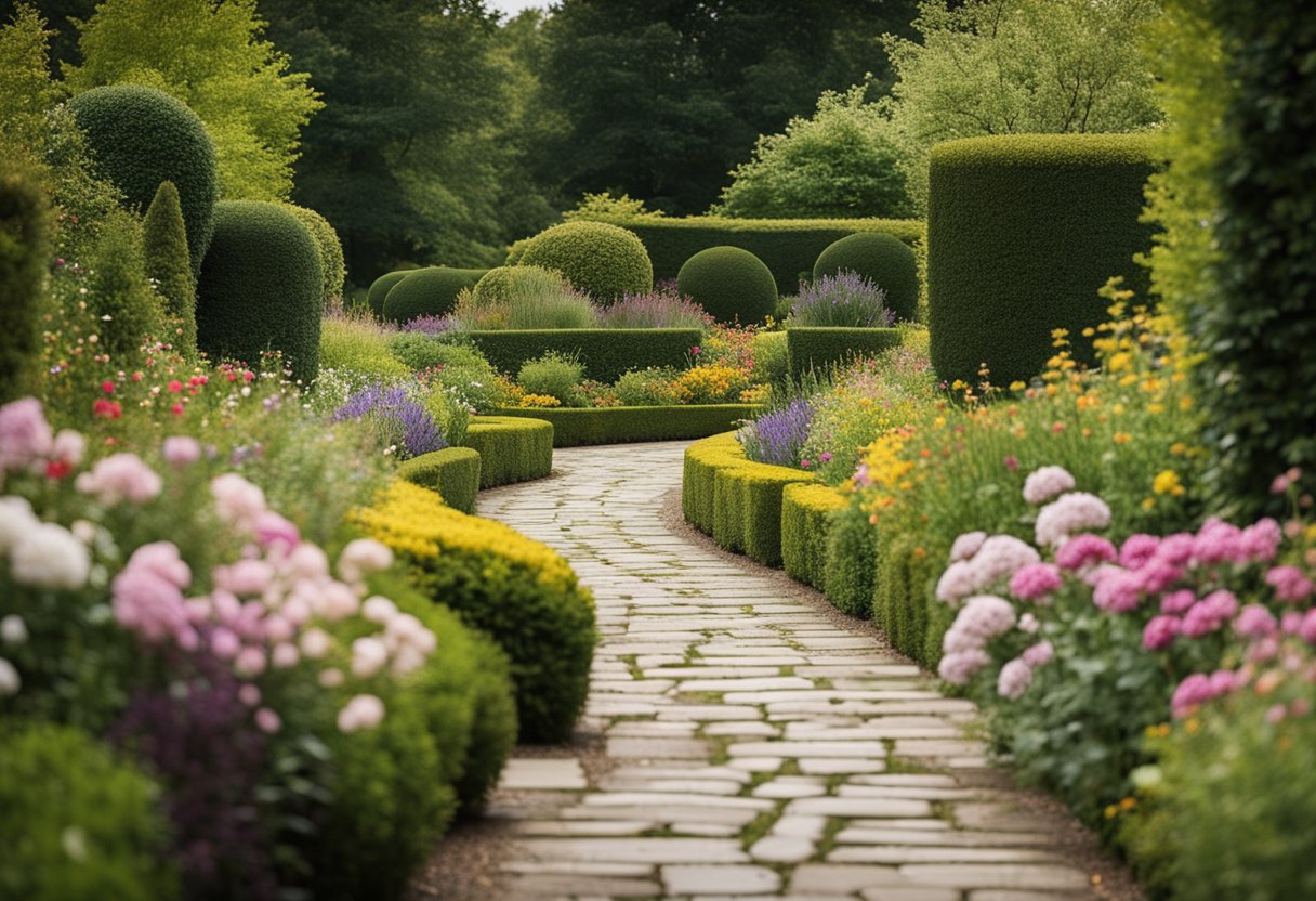 A winding stone path leads through a lush English garden, surrounded by colorful flowers and manicured hedges