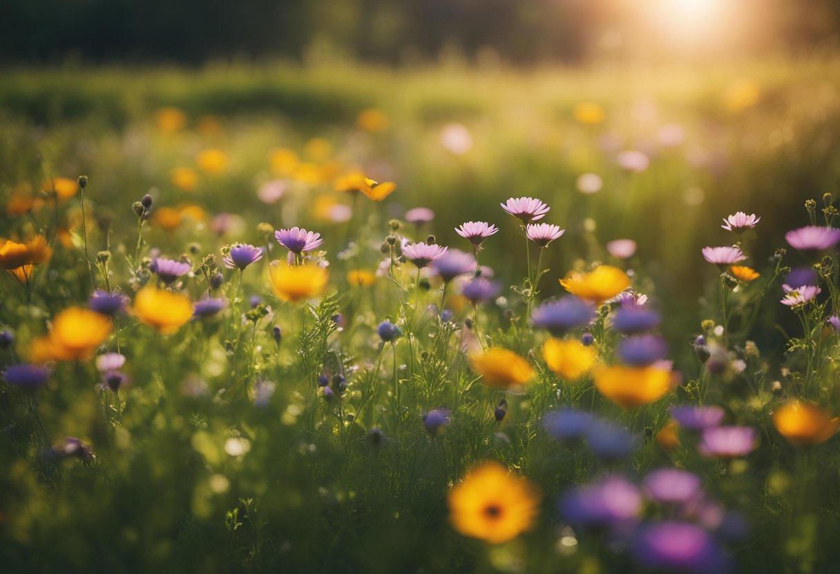 A vibrant wildflower meadow with colorful blooms and lush greenery, bathed in warm sunlight