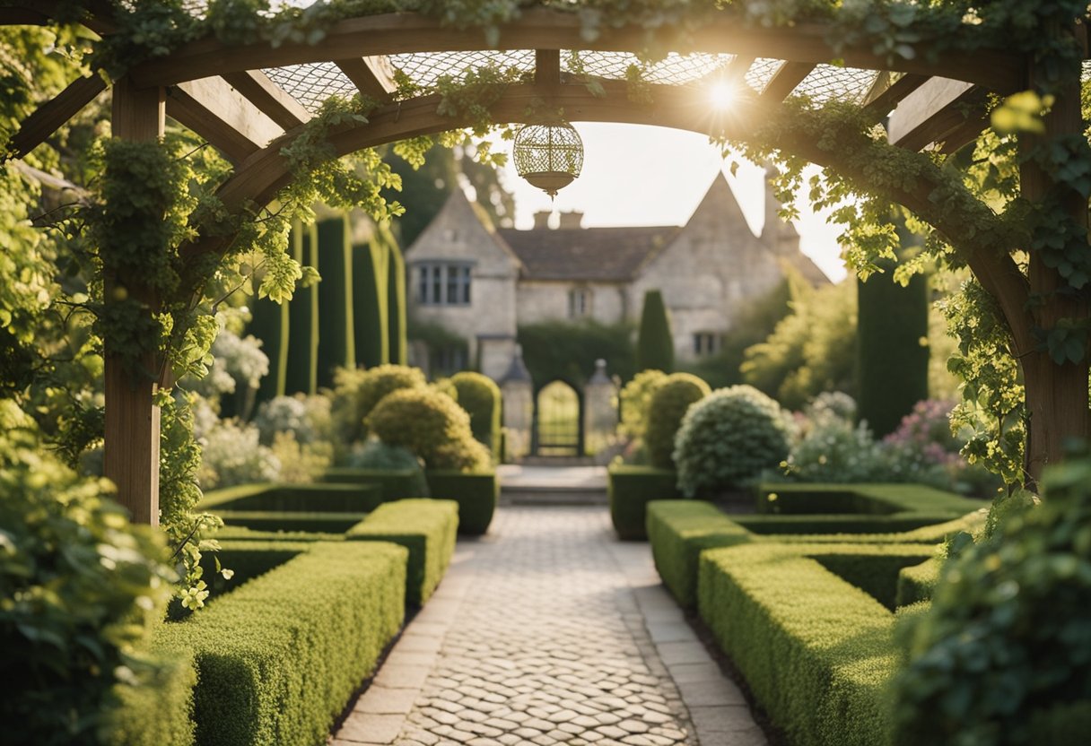 A serene English garden with 15 lattice arbors creating a charming and picturesque scene. Flowers bloom and vines climb, creating a peaceful and inviting atmosphere