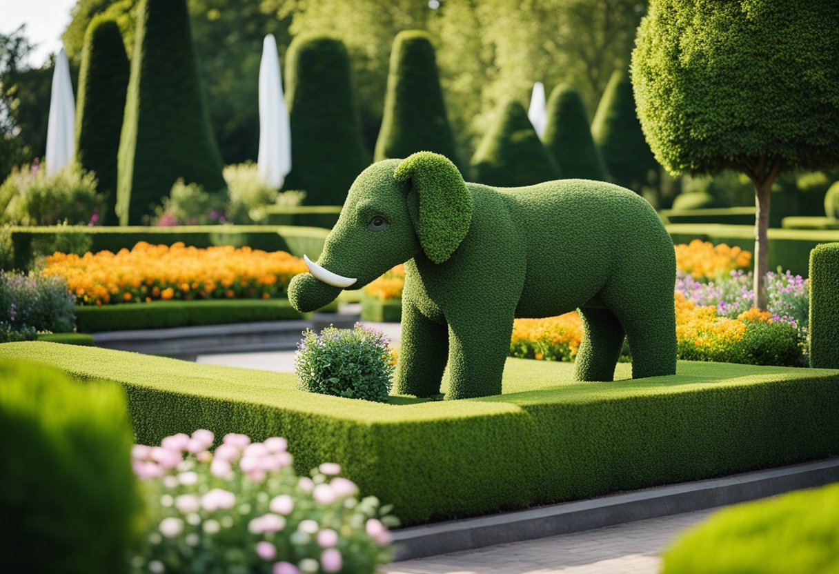 Lush garden with intricate topiary sculptures, including animals and geometric shapes, surrounded by colorful flowers and neatly trimmed hedges