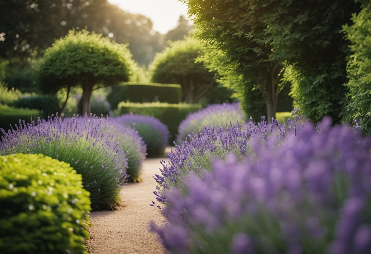 A lush lavender hedge borders a winding path in an English garden, with vibrant blooms and a serene atmosphere