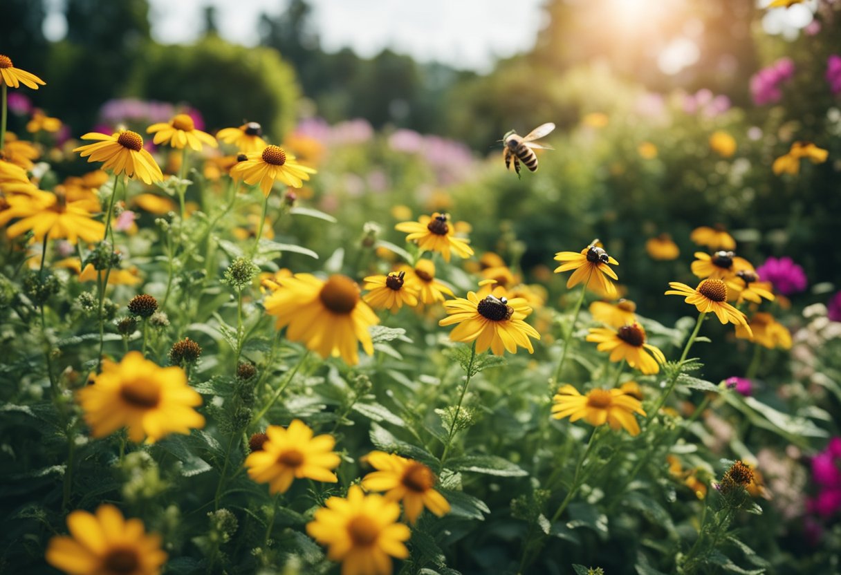 A lush garden bed filled with colorful flowers and buzzing bees