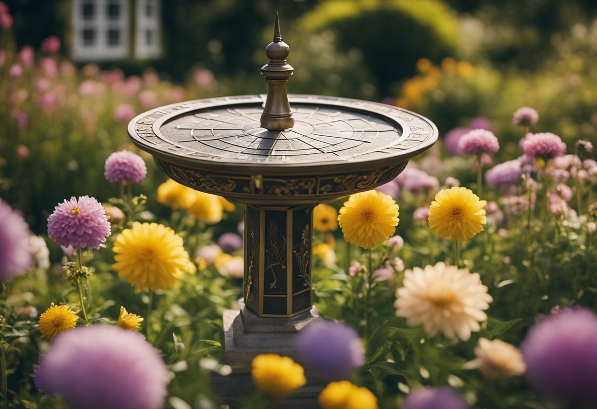 A classical sundial surrounded by blooming English garden flowers