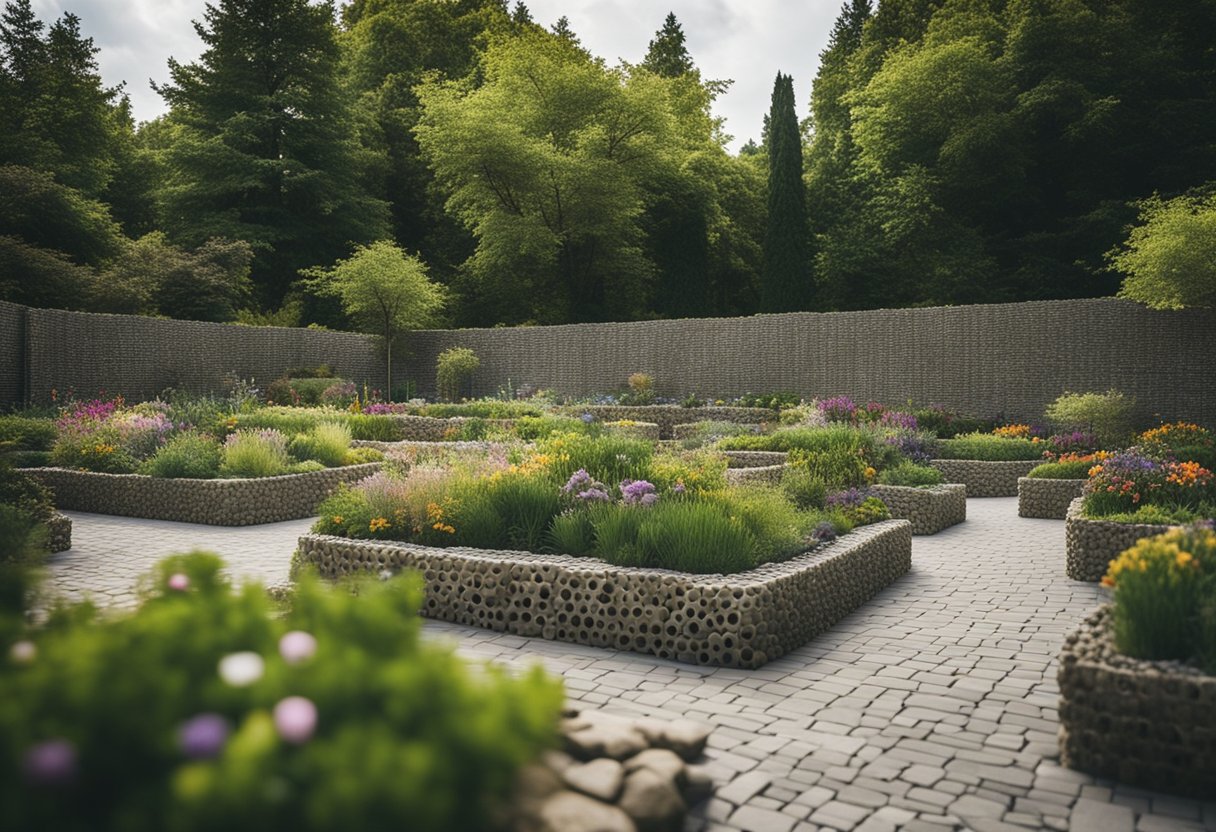 A tranquil garden filled with various gabion structures, from seating areas to planters, surrounded by lush greenery and colorful flowers