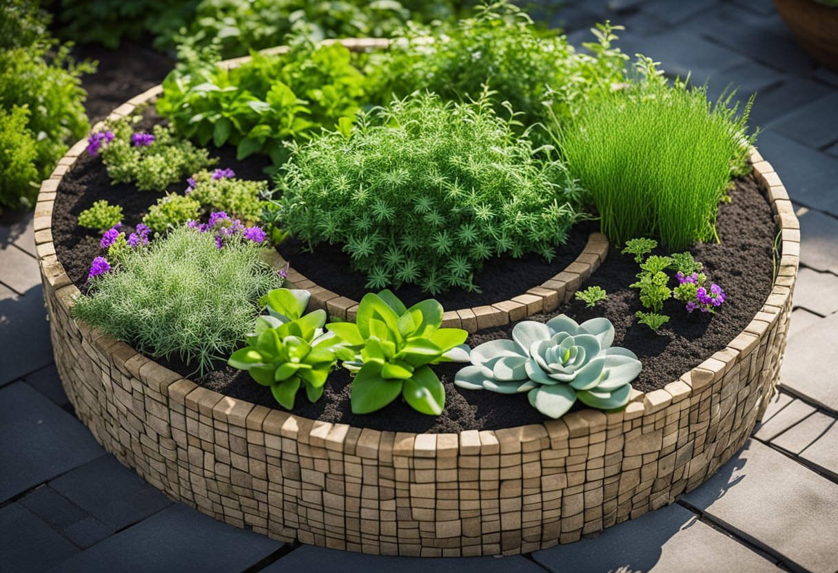 A circular herb planter made of gabion baskets filled with soil and various herbs, surrounded by a well-maintained garden