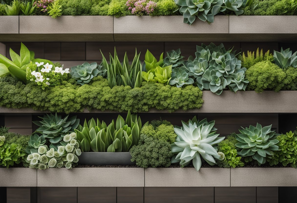 A vertical gabion wall planter filled with various plants and flowers, surrounded by a well-maintained garden