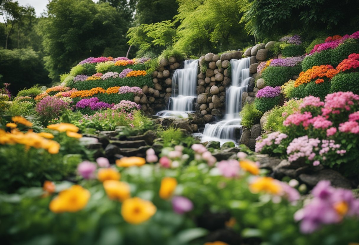 A serene garden with a cascading waterfall made of gabion baskets, surrounded by lush greenery and colorful flowers