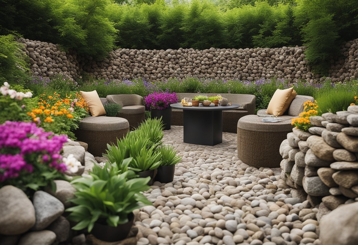 A rustic seating area made of gabion baskets filled with rocks, surrounded by lush greenery and flowers