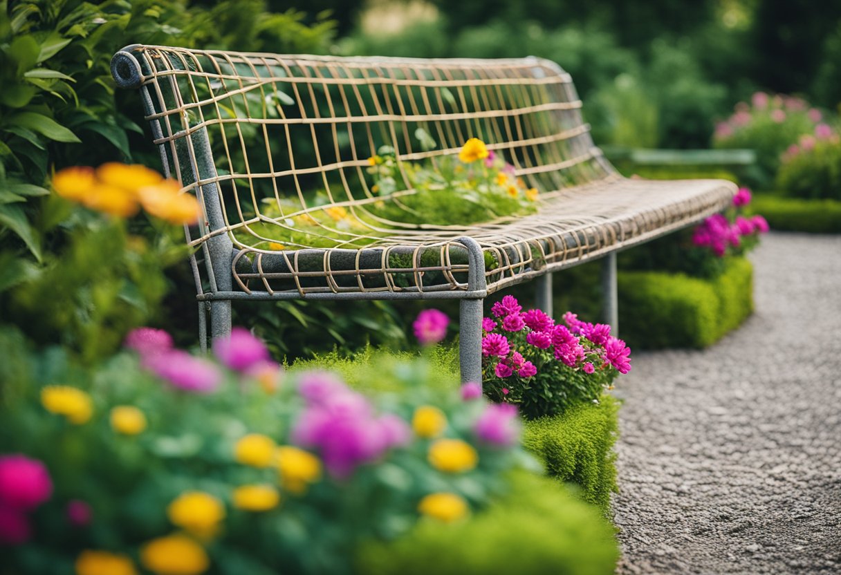 A gabion wire bench surrounded by lush greenery and colorful flowers in a serene garden setting