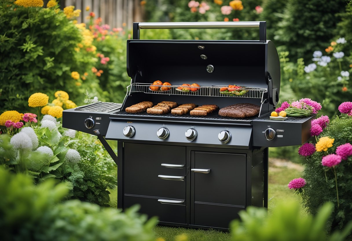 A rustic BBQ grill made from gabion baskets nestled in a lush garden setting, surrounded by vibrant flowers and greenery