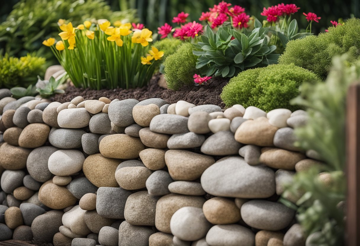 A patio border made of gabion baskets filled with rocks, surrounding a garden with various plants and flowers