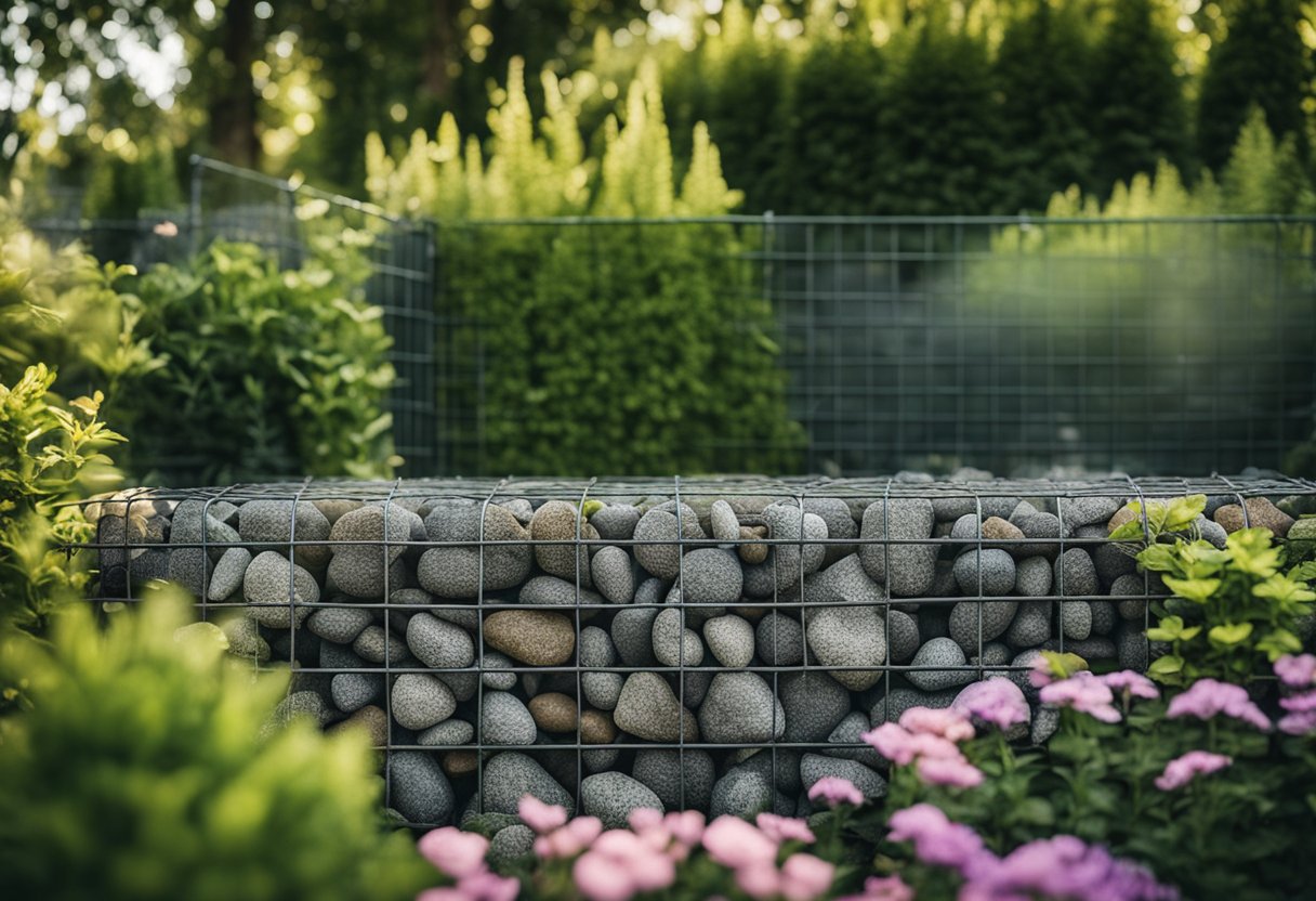 A gabion privacy screen stands in a lush garden, surrounded by plants and flowers. The metal mesh is filled with rocks, creating a natural and rustic look