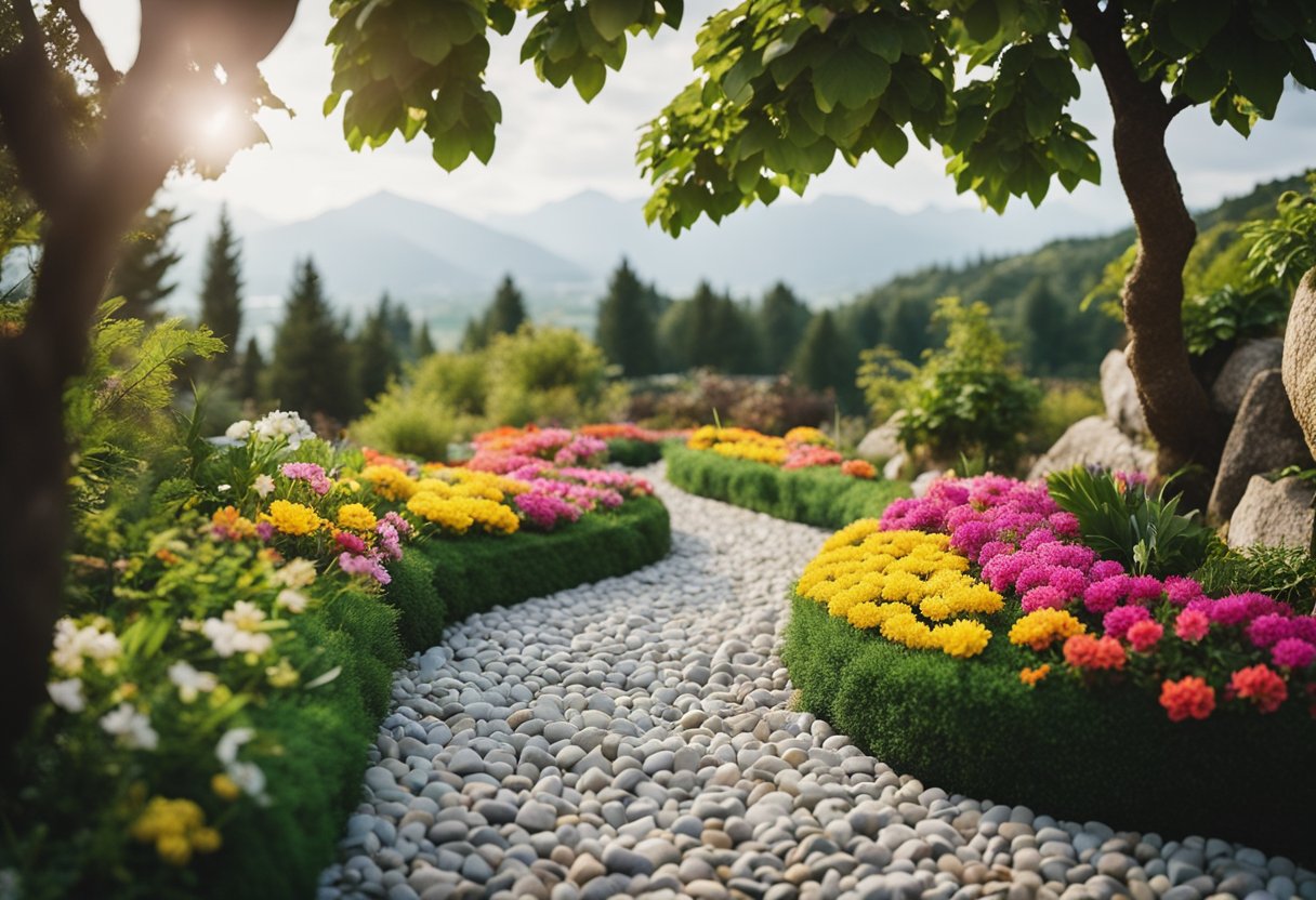 A winding garden path made of gabion walls filled with rocks, surrounded by lush greenery and colorful flowers