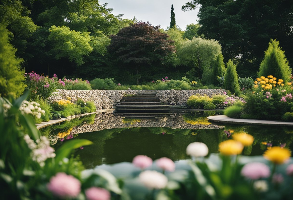 A serene pond surrounded by gabion edging, with lush greenery and flowers creating a peaceful garden oasis