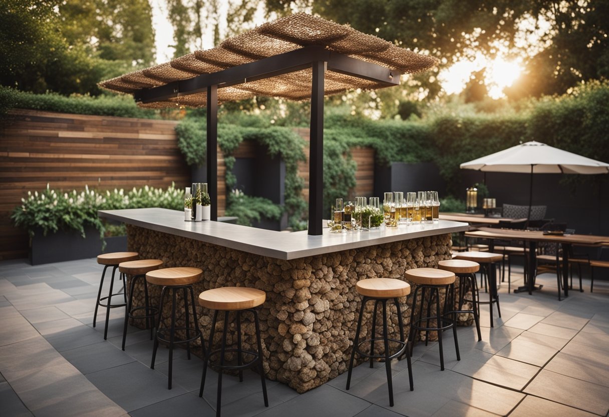 A rustic outdoor bar made of gabion baskets surrounded by lush garden and seating area