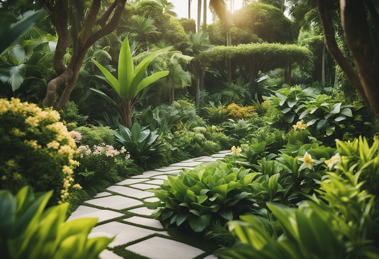 A lush garden with a variety of plants, flowers, and trees arranged in different concepts such as zen, tropical, cottage, and formal, creating a colorful and diverse landscape