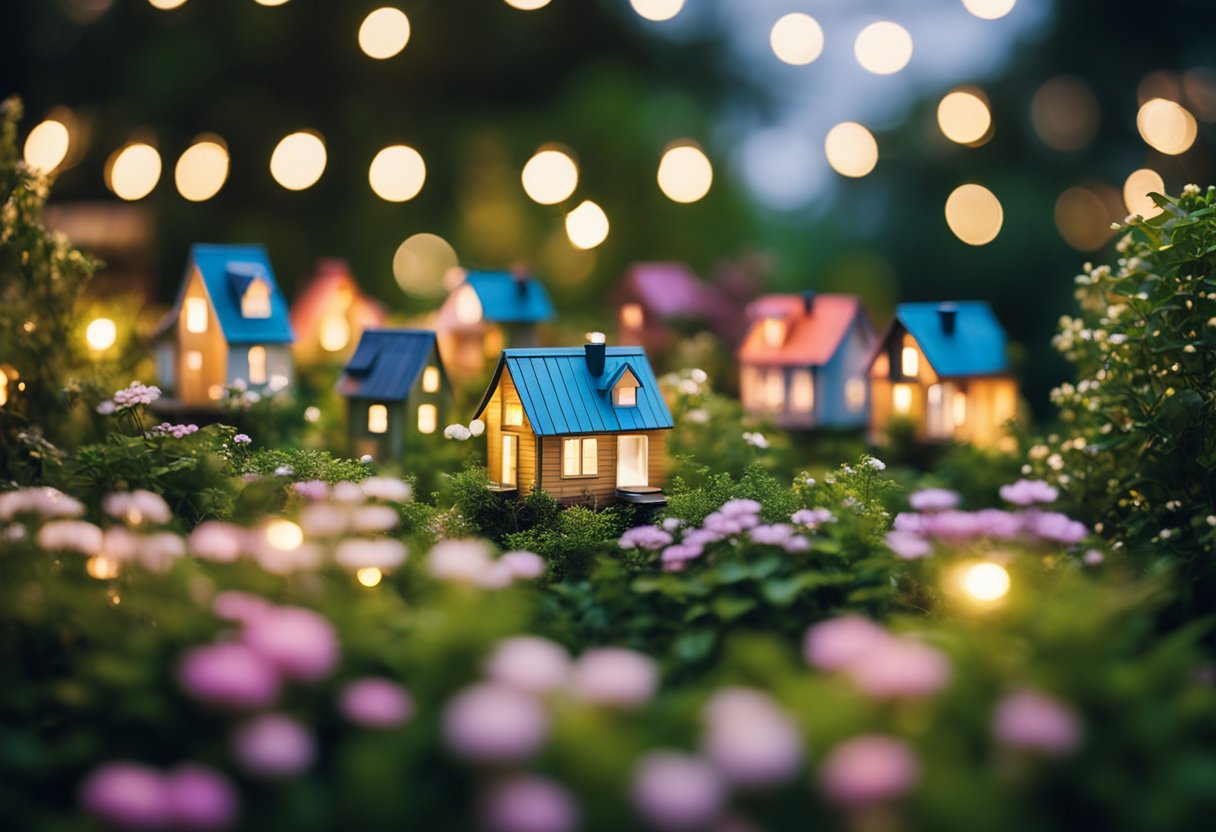 A lush garden with tiny houses, colorful flowers, and sparkling fairy lights