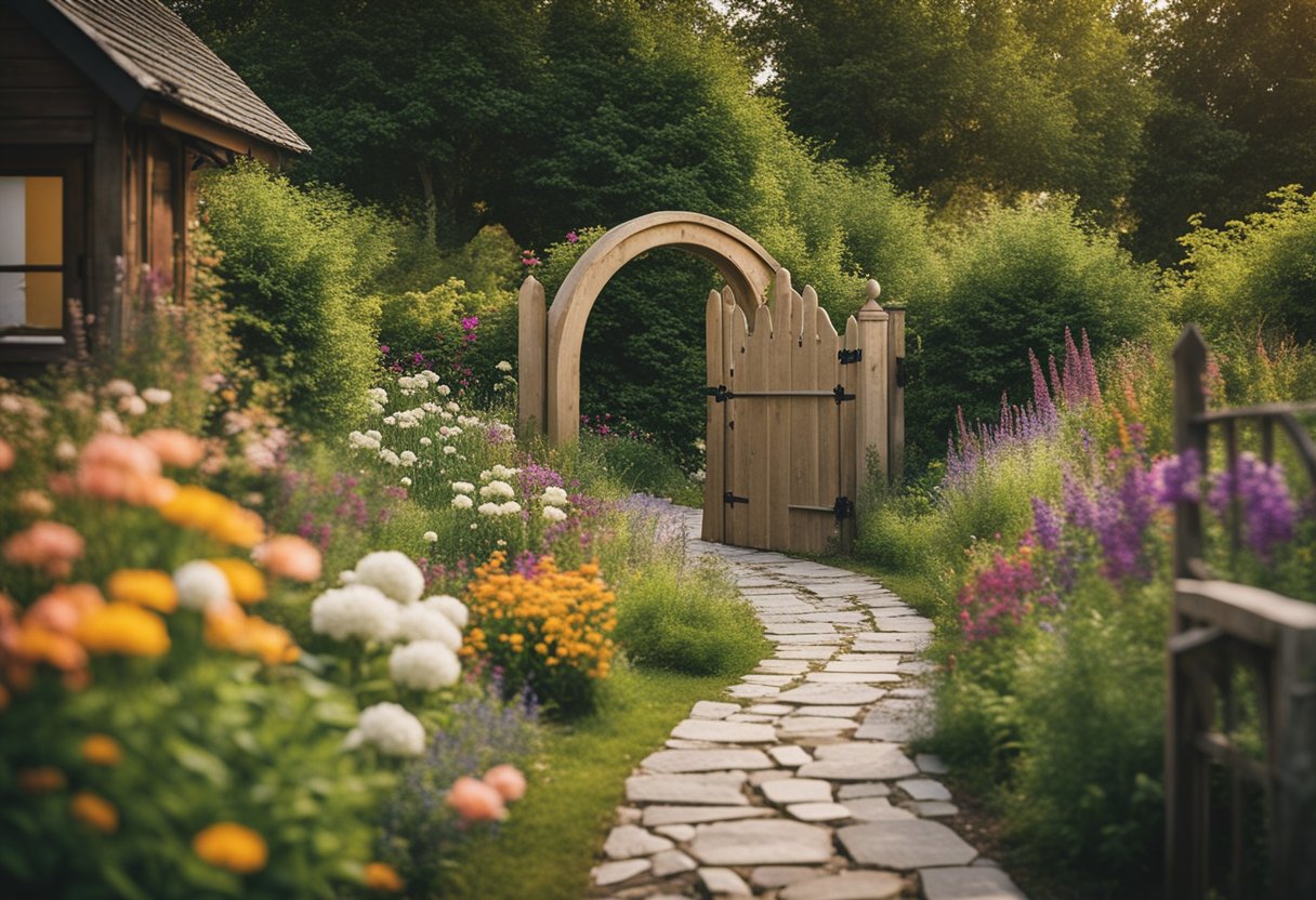 A winding pathway through a cottage garden, lined with colorful flowers, shrubs, and small trees. A rustic wooden gate marks the entrance