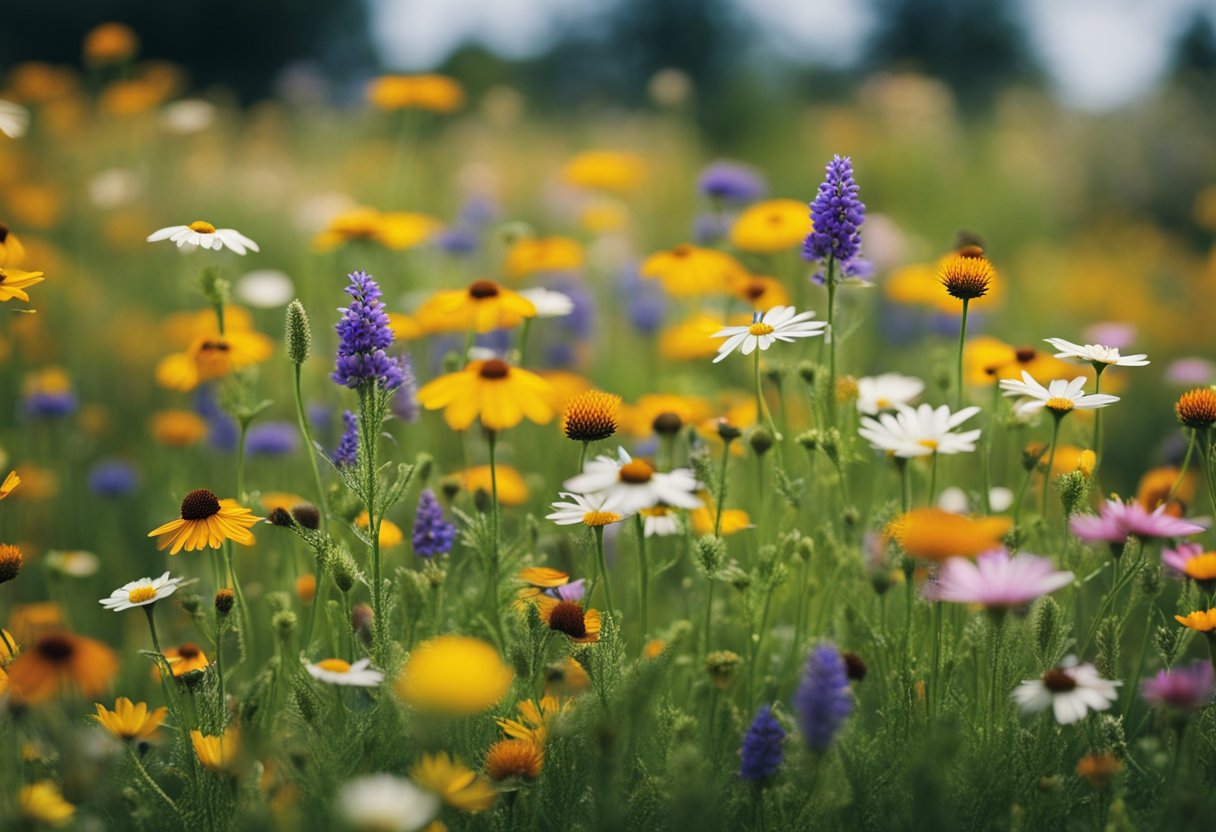 A vibrant wildflower meadow filled with a diverse mix of colorful blooms and various garden concepts