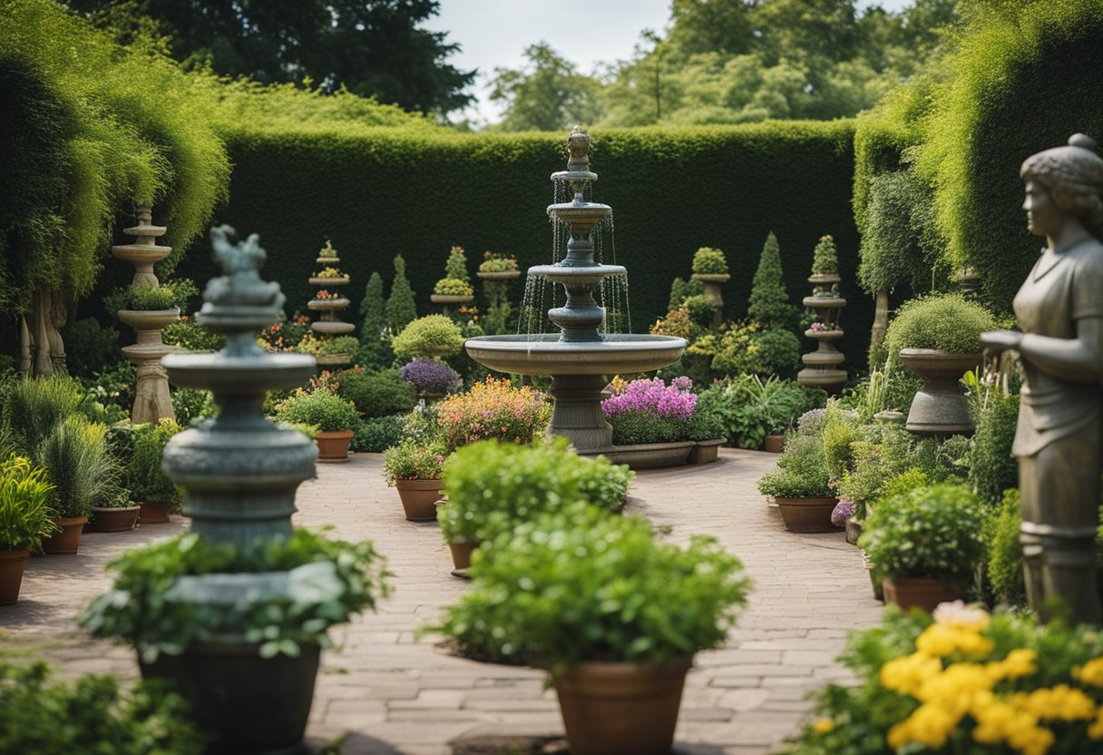 A lush garden with various decorative elements such as statues, fountains, wind chimes, and colorful planters arranged in a harmonious and inviting display