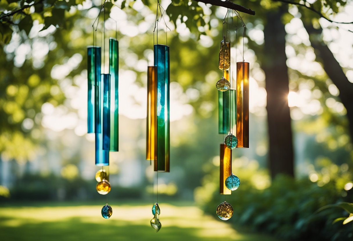 Colorful glass wind chimes hang from a tree branch in a garden, catching the sunlight and creating a soothing melody as they sway in the breeze