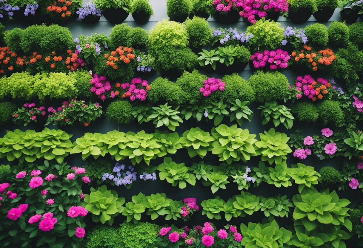 A vertical garden with 18 planters hanging on a wall, surrounded by lush greenery and colorful flowers