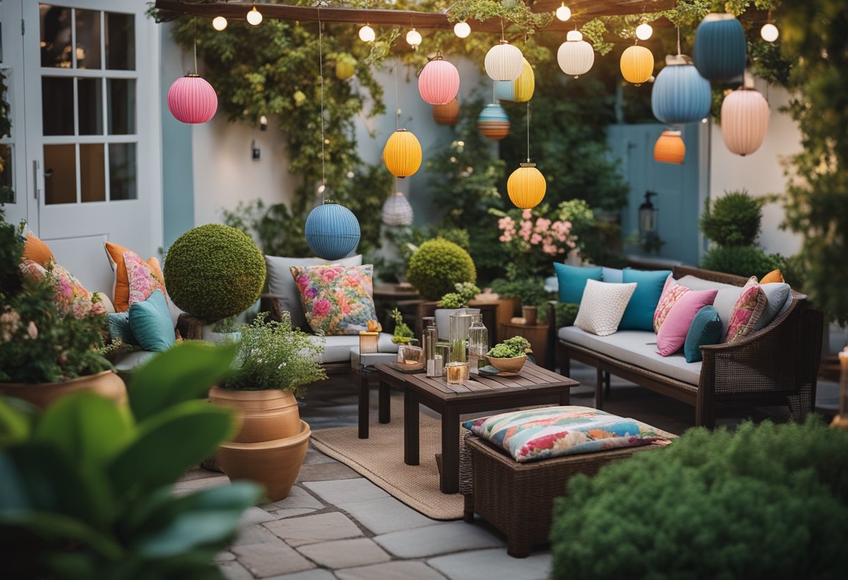 A tranquil garden patio with colorful outdoor waterproof cushions scattered among potted plants, hanging lanterns, and decorative garden statues