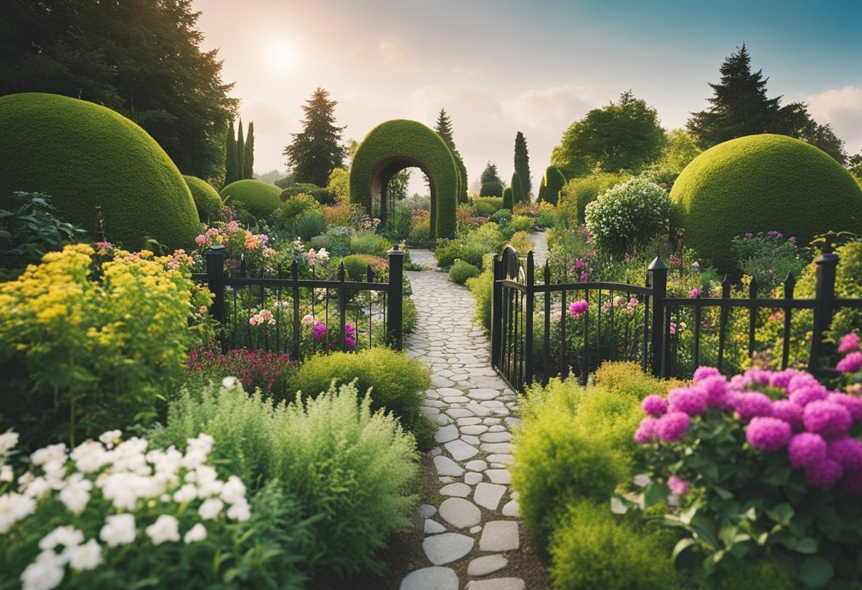 A lush garden with a variety of fences, including picket, lattice, and stone, surrounding colorful flowers and greenery