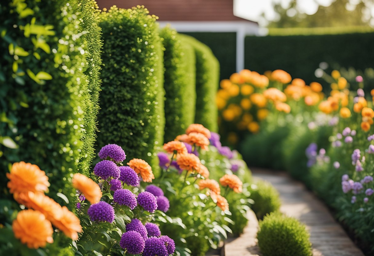 A vinyl privacy fence surrounds a well-manicured garden, with colorful flowers and neatly trimmed shrubs lining the perimeter