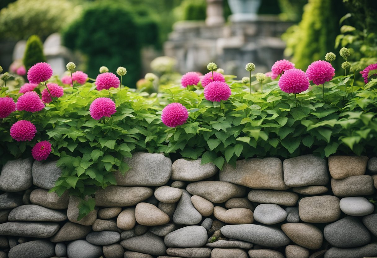 A stone wall fence surrounds a lush garden, with vibrant flowers and greenery peeking through the gaps