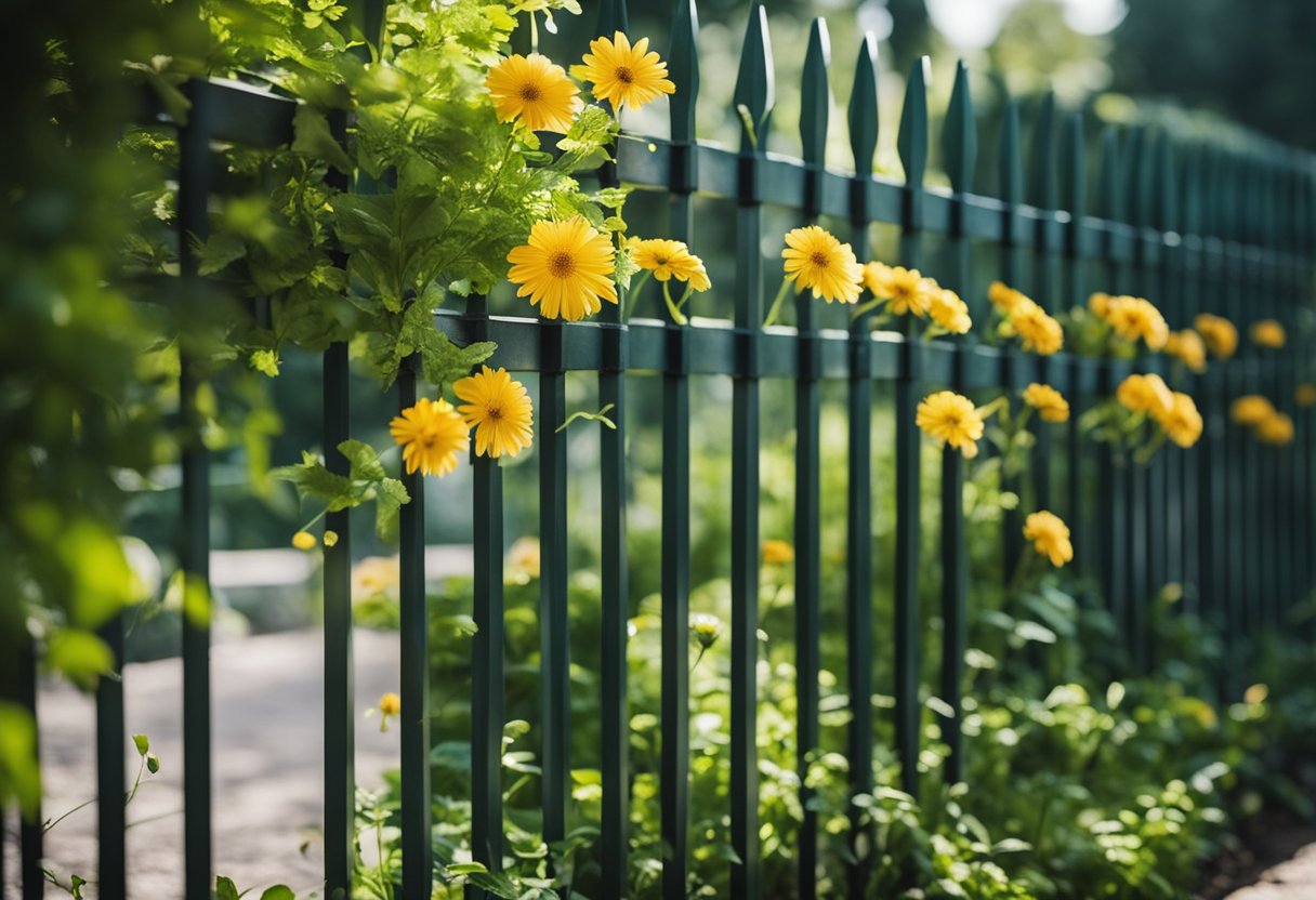 A horizontal slat fence surrounds a lush garden, with vibrant flowers and greenery peeking through the gaps