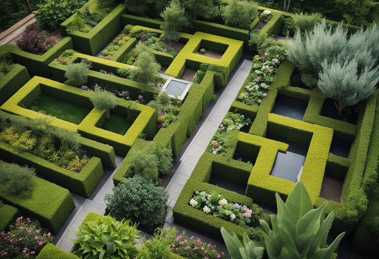 A bird's eye view of 18 unique garden layouts, each with different plant arrangements, pathways, and seating areas