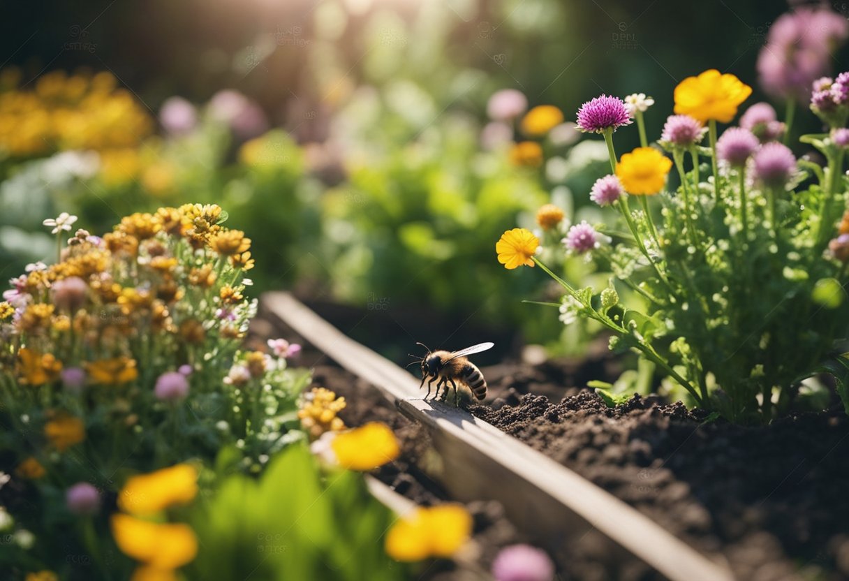 A garden with various plants arranged in different layouts, creating pollinator-friendly corners. Flowers and vegetables attract bees and butterflies