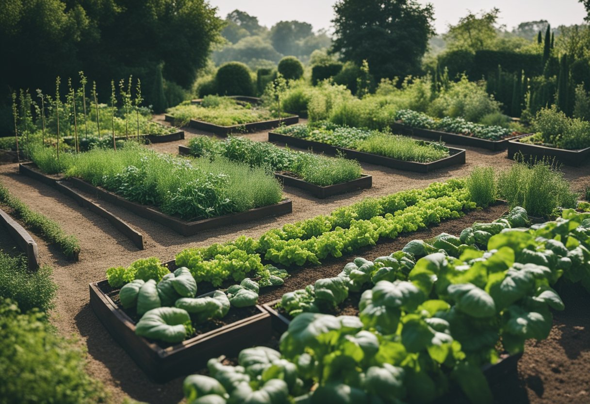 A lush, diverse garden patch with raised beds, winding paths, and a mix of vegetables and herbs growing in organized rows