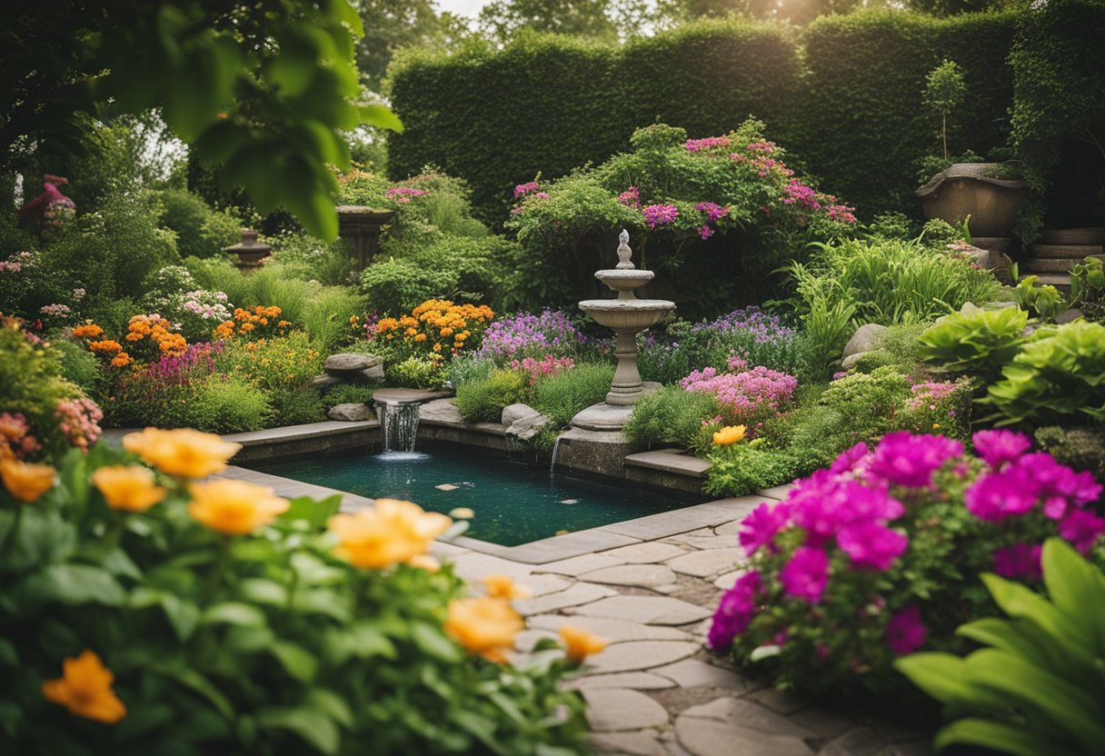 A serene garden corner with a small water feature surrounded by lush greenery and colorful flowers