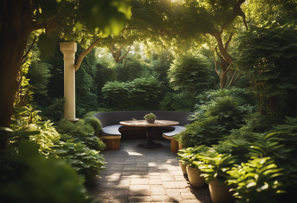 A tranquil garden nook with dappled sunlight filtering through lush foliage, creating a serene and inviting atmosphere for relaxation