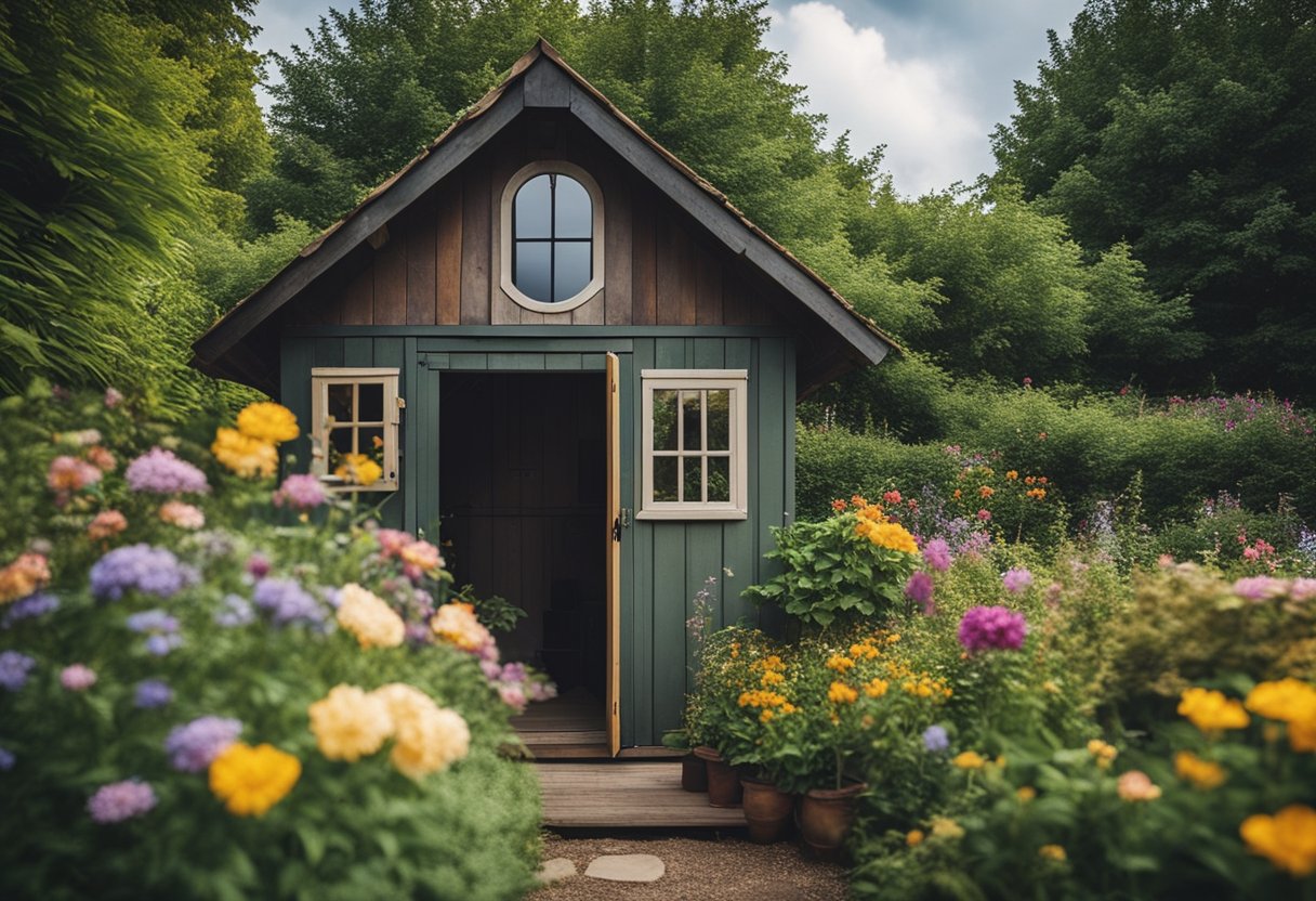 A cozy garden shed with a pitched roof, surrounded by lush greenery and colorful flowers. A small window and a wooden door add charm to the rustic structure