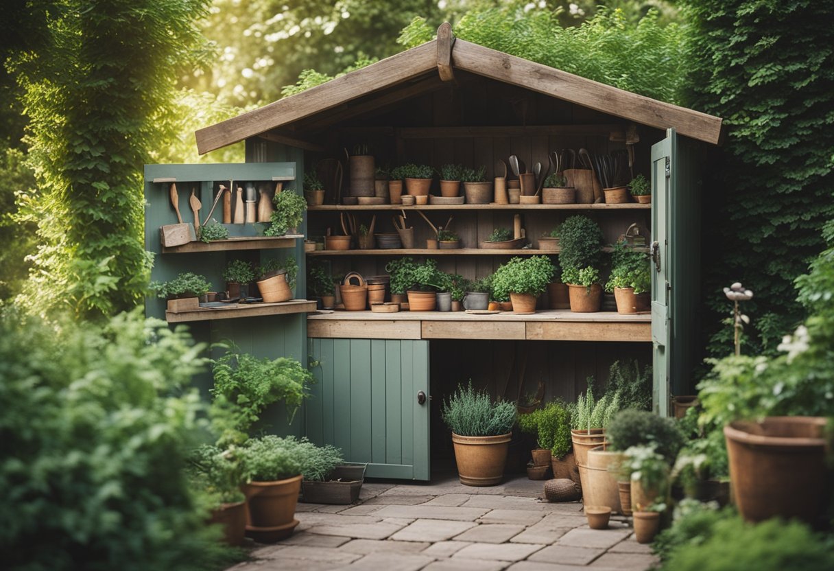 A rustic wooden potting shed surrounded by lush greenery and gardening tools